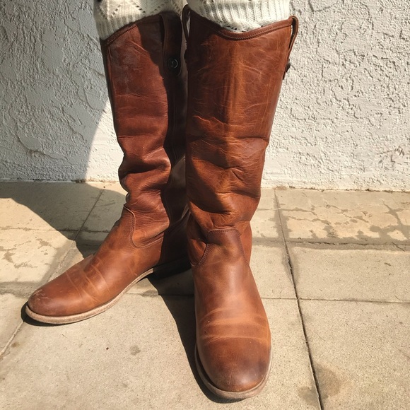 LEATHER COGNAC BROWN TALL FRYE BOOTS - Picture 2 of 7